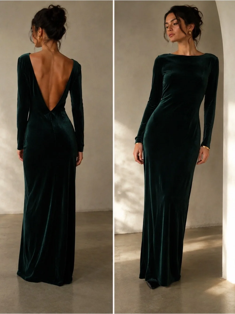 Vintage Emerald Green Velvet Maxi Dress 90s Minimalist Open Back Goth Formal M